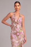 Lilac Mermaid Halter Floral Long Formal Dress with Slit