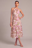Lilac A-Line Round Neck Embroidered Floral Midi Formal Dress
