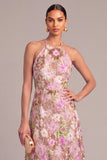 Lilac A-Line Round Neck Embroidered Floral Midi Formal Dress