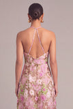 Lilac A-Line Round Neck Embroidered Floral Midi Formal Dress