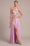 Lilac A-Line Halter Embroidered Maxi Formal Dress with Slit
