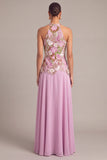 Lilac A-Line Halter Embroidered Maxi Formal Dress with Slit