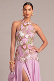 Lilac A-Line Halter Embroidered Maxi Formal Dress with Slit