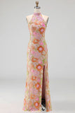 Lilac Mermaid High Neck Floral Long Formal Dress with Slit