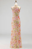 Lilac Mermaid High Neck Floral Long Formal Dress with Slit