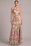 Lilac Mermaid High Neck Floral Long Formal Dress with Slit