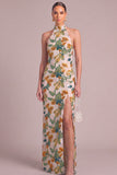 Green Floral Sparkly Sequins Mermaid Halter Long Formal Dress with Slit
