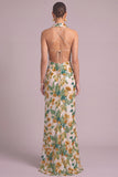 Green Floral Sparkly Sequins Mermaid Halter Long Formal Dress with Slit