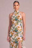 Green Floral Sparkly Sequins Mermaid Halter Long Formal Dress with Slit