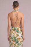 Green Floral Sparkly Sequins Mermaid Halter Long Formal Dress with Slit