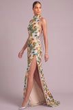 Green Floral Sparkly Sequins Mermaid Halter Long Formal Dress with Slit