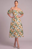 Green Sparkly Sequins Floral A-Line Off the Shoulder Midi Wedding Guest Dress