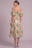 Green Sparkly Sequins Floral A-Line Off the Shoulder Midi Wedding Guest Dress