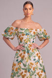 Green Sparkly Sequins Floral A-Line Off the Shoulder Midi Wedding Guest Dress