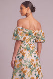 Green Sparkly Sequins Floral A-Line Off the Shoulder Midi Wedding Guest Dress