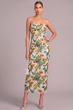 Sparkly Green Sheath Spaghetti Straps Floral Midi Formal Dress with Sequins