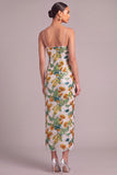 Sparkly Green Sheath Spaghetti Straps Floral Midi Formal Dress with Sequins