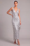 Sparkly Silver Sheath V-Neck Fringed Backless Long Formal Dress