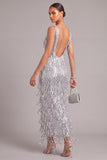 Sparkly Silver Sheath V-Neck Fringed Backless Long Formal Dress