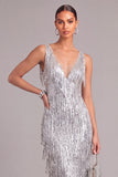 Sparkly Silver Sheath V-Neck Fringed Backless Long Formal Dress