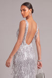 Sparkly Silver Sheath V-Neck Fringed Backless Long Formal Dress