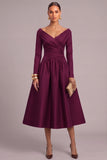 Plum A-Line V-Neck Ruched Midi Formal Dress with Sleeves