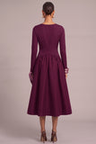 Plum A-Line V-Neck Ruched Midi Formal Dress with Sleeves