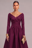 Plum A-Line V-Neck Ruched Midi Formal Dress with Sleeves