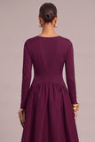 Plum A-Line V-Neck Ruched Midi Formal Dress with Sleeves
