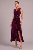 Plum Velvet V-Neck Ruched Asymmetrical Formal Dress with Rhinestone