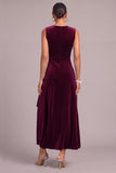 Plum Velvet V-Neck Ruched Asymmetrical Formal Dress with Rhinestone