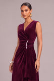 Plum Velvet V-Neck Ruched Asymmetrical Formal Dress with Rhinestone