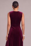 Plum Velvet V-Neck Ruched Asymmetrical Formal Dress with Rhinestone