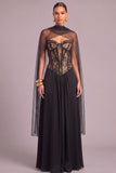 Black Corset A-Line Sweetheart Long Formal Dress with Cape