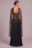 Black Corset A-Line Sweetheart Long Formal Dress with Cape