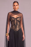 Black Corset A-Line Sweetheart Long Formal Dress with Cape