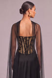 Black Corset A-Line Sweetheart Long Formal Dress with Cape