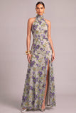 Sparkly Sequins Purple Mermaid High Neck Floral Long Formal Dress with Slit