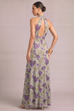 Sparkly Sequins Purple Mermaid High Neck Floral Long Formal Dress with Slit