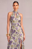 Sparkly Sequins Purple Mermaid High Neck Floral Long Formal Dress with Slit