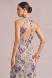 Sparkly Sequins Purple Mermaid High Neck Floral Long Formal Dress with Slit