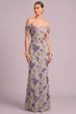 Sparkly Sequins Purple Mermiad Off the Shoulder Floral Long Formal Dress