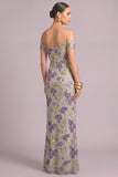Sparkly Sequins Purple Mermiad Off the Shoulder Floral Long Formal Dress