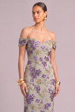 Sparkly Sequins Purple Mermiad Off the Shoulder Floral Long Formal Dress