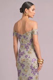 Sparkly Sequins Purple Mermiad Off the Shoulder Floral Long Formal Dress
