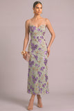 Sparkly Floral Purple Mermaid V-Neck Sequins Midi Wedding Guest Dress