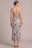 Sparkly Floral Purple Mermaid V-Neck Sequins Midi Wedding Guest Dress