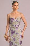 Sparkly Floral Purple Mermaid V-Neck Sequins Midi Wedding Guest Dress