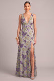 Sparkly Sequins Purple Mermaid V-Neck Floral Long Formal Dress with Slit