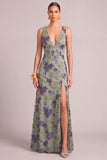 Sparkly Sequins Purple Mermaid V-Neck Floral Long Formal Dress with Slit